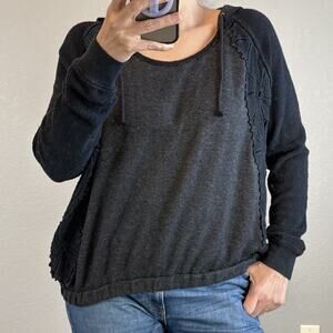 Free People Hooded Lace Inset Long Sleeve Sweater Size M Heather Black Cotton